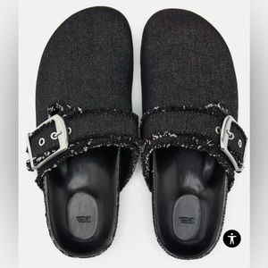 *Black denim with silver buckle flat clogs. Size 39. *BNWT*